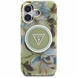 GUESS ümbris jaoks IPHONE 16 compatible with MagSafe GUHMP16SHFLPEDN (IML Metal Glitter Flowers Triangle) roheline