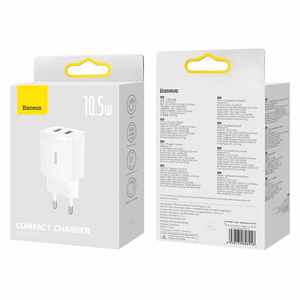 Baseus Compact Quick Charger, 2x USB, 10.5W (valge)