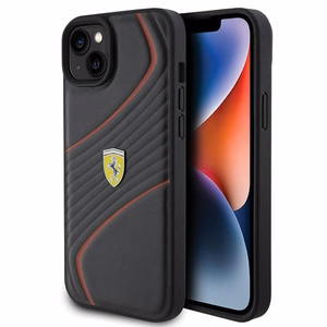 Ferrari Twist Metal Logo ümbris jaoks iPhone 15 Plus - must