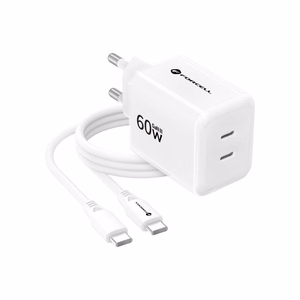 Telefonilaadija Forcell F-Energy GaN III Crystal Color, 2x USB C, AVS, SSFC3.0, 60W + silikoonkaabel USB C–USB C VT-60, valge