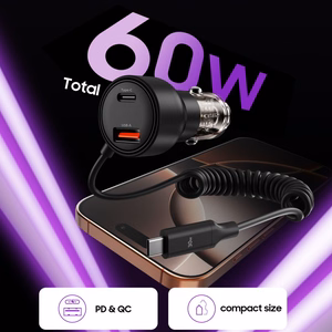 CC05 Car Laadija 2-Port PD60 W + USB-C Kaabel - must