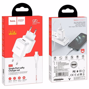Phone Laadija Hoco USB A 2A 10W + Kaabel USB A to USB C N2 valge