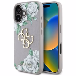 Guess Grained Roses Big 4G Logo iPhone 16 Ümbris - Lilla