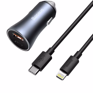 Baseus Golden Contactor Pro Car Charger USB + USB-C, QC4.0+, PD, SCP, 40W (gray) + Cable USB-C do iP 1m (black)