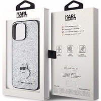 Karl Lagerfeld Fixed Glitter Choupette Logo Metal Pin Ümbris jaoks iPhone 15 Pro Max - hõbedane
