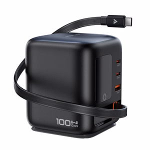 Acefast Z10 GaN 100 W 3 × USB laualaadija sissetõmmatava USB-C-kaabli ja TFT-ekraaniga, must
