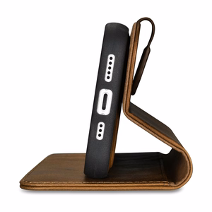 iCarer õlivaha rahakoti ümbris 2in1 Cover iPhone 14 Plus Anti-RFID nahast klappümbris pruun (WMI14220723-TN)