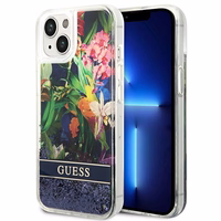 GUESS ümbris jaoks IPHONE 13 / 14 / 15 GUHCP14SLFLSB (Flower Liquid Glitter) sinine