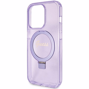 GUESS ümbris jaoks IPHONE 15 Pro compatible with MagSafe GUHMP15LHRSGSU (Glitter Script Logo Ring stand) lilla