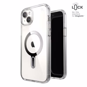 Speck Presidio Perfect-Clear MagSafe ümbris ClickLock-tehnoloogiaga seadmele iPhone 15 Plus / 14 Plus, läbipaistev kroomivärvi rõngaga