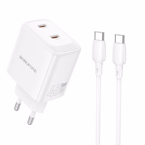 Borofone Wall Laadija BN31 Cargador GaN - 2xType C - QC 3.0 PD 45W with Type C to Type C kaabel valge