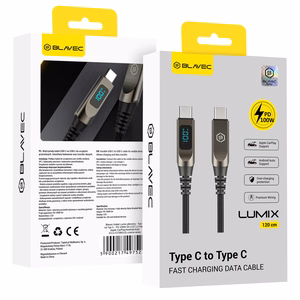 Blavec Kabel Lumix pleciony - Typ C na Typ C - PD 100W 5A LED display 1,2 metra Apple CarPlay/Android Auto (CLU-CC5BG12) czarno-szary