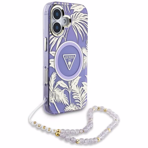 GUESS ümbris jaoks IPHONE 16 compatible with MagSafe GUHMP16SHPCTPLSU (IML Palm Trees Triangle W/ Pearl Strap) lilla