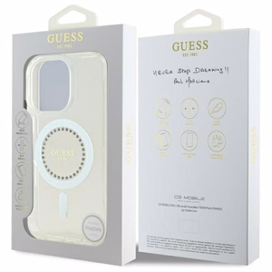 Guess IML Rhinestones MagSafe Ümbris jaoks iPhone 16 Pro - valge