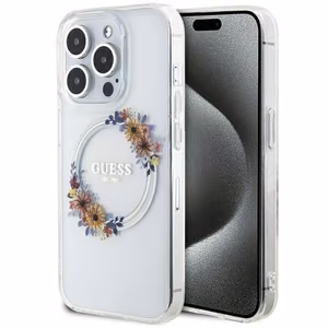 GUESS ümbris jaoks IPHONE 15 Pro Max compatible with MagSafe GUHMP15XHFWFCT (Flowers Wreath) läbipaistev