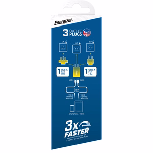 Energizer Ultimate A38QMU GaN reisilaadija EU / UK / US pistikutega, USB-C + USB-A, 38 W PD + QC 3,0, hõbedane
