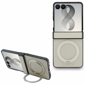 Beež Guess Magnetic Ring Stand Grained Classic Logo MagSafe ümbris Samsung Galaxy Z Flip8 mudelile