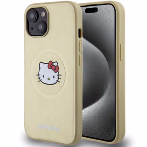 Hello Kitty Leather Kitty Head MagSafe ümbris jaoks iPhone 15 - kuldne