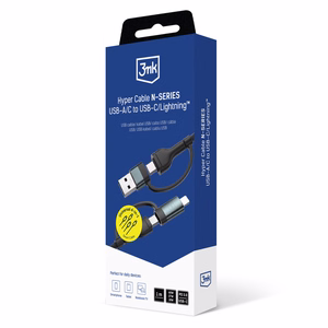 3mk Hyper Cable N-SERIES 2 in 2 USB-A / USB-C ja USB-C / Lightning 1.2m QC 3.0 9V/2A 60W - must