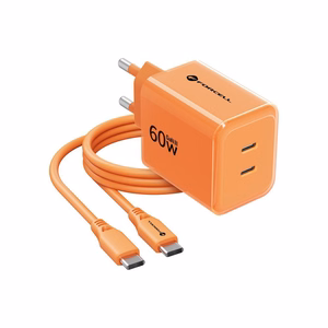 Telefonilaadija Forcell F-Energy GaN III Crystal Color, 2x USB C, AVS, SSFC3.0, 60W + silikoonkaabel USB C–USB C VT-60, oranž