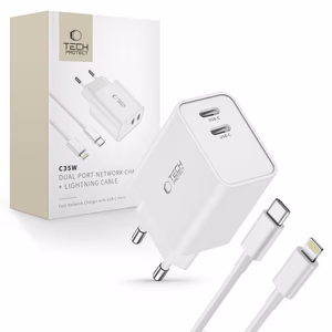 Tech-Protect C35W 2x USB-C PD 35W Wall Laadija koos USB-C / Lightning Kaabel - valge