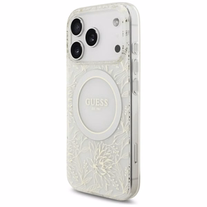 Guess IML Flowers Allover Electroplated MagSafe ümbris pärlipaelaga mudelile iPhone 18 Pro / 17 Pro – värv: valge