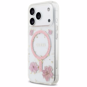Чехол GUESS для IPHONE 17 Pro совместимый с MagSafe GUHMP17LRBFGFGMP (Resin Flowers and Glitter) розовый