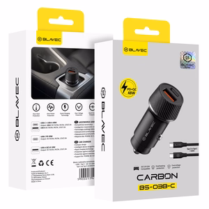 Blavec BS-03B-C Carbon autolaadija USB + Type C QC 3.0 18W PD 30W koos Type C - Type C kaabliga must