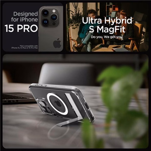 Spigen Ultra Hybrid S MagSafe Ümbris with Stand jaoks iPhone 15 Pro - läbipaistev