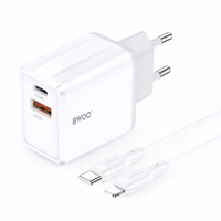 BWOO seina laadija CDA182 QC 38W 1x USB-A + 1x USB-C koos USB-C C-Lightning kaabliga 1 m must