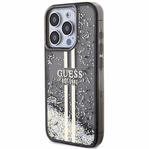 Guess Liquid Glitter kuldne Stripes ümbris jaoks iPhone 15 Pro - must