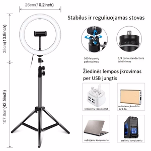 LED-rõngaslamp 26cm, kuni 1.1m lauastatiivi, telefonihoidiku ja USB-ühendusega