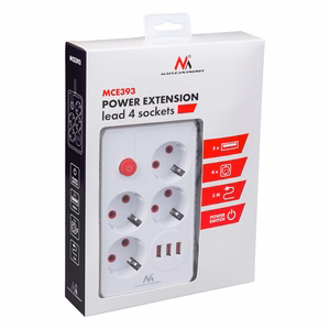 Maclean MCE393 W – pistikupesa pikendusjuhe, 4 pistikupesa + 3×USB, 110–240 V AC, 50/60 Hz, 2,1 A, kuni 2500 W, 3 m, valge