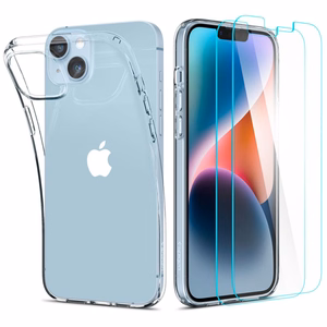 Spigen Crystal Case ja karastatud klaaskomplekt iPhone 14 Plus'ile - läbipaistev