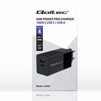 Qoltec 52382 GaN POWER PRO charger | 1xUSB type C | 1xUSB A | 100W | 5-20V | 1.5-5A | PD | must