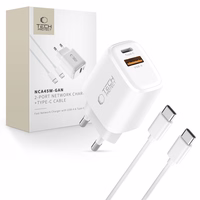 Tech-Protect NCA45W-GAN 2-portiline 45W seinalaadija USB-C kaabliga - valge