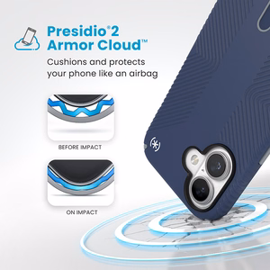 Speck Presidio2 Grip MagSafe'i ja ClickLocki toega ümbris iPhone 16-le, Coastal Blue/Dust Grey