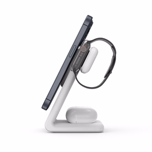 Crong MagSpot Pivot Stand kolm-ühes juhtmevaba laadija iPhone'ile, Apple Watchile ja AirPodsidele, MagSafe'iga ühilduv, valge