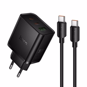 telefoni laadija Hoco 2x USB C + USB A QC3.0 PD 3A 65W + andmekaabel USB C to USB C N75 must