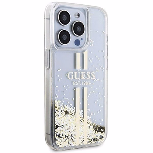 GUESS ümbris jaoks IPHONE 15 Pro GUHCP15LLFCSEGT (Liquid Glitter kuldne Stripes) läbipaistev