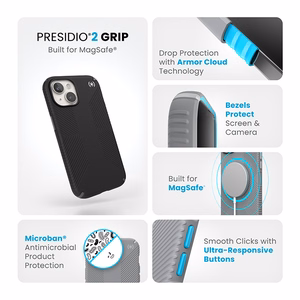 Speck Presidio2 Grip MagSafe ümbris seadmele iPhone 17e / 16e / 15 / 14 / 13, must kiltkivihallide detailidega