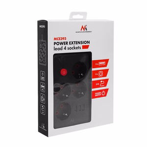Maclean MCE393 B pikendusjuhe 4 pistikupesa ja 3 USB-pordiga, 110–240 V AC, 50/60 Hz, 2,1 A, max 2500 W, 3 m, must