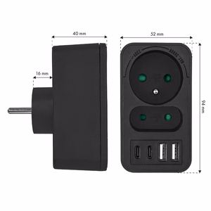 Maclean MCE249 F/B – võrgupesa jaotur, 2 pistikupesa, 4 USB-porti: 2×USB-A ja 2×USB-C PD 20 W, 1×16 A + 1×6 A