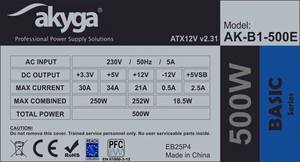 Akyga AK-B1-500E toiteplokk 500 W 20+4 pin ATX ATX hall