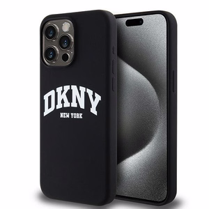 DKNY Liquid Silicone Valge Printed Logo MagSafe ümbris jaoks iPhone 15 Pro Max - must