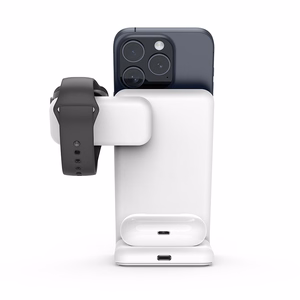 Crong MagSpot Pivot Stand kolm-ühes juhtmevaba laadija iPhone'ile, Apple Watchile ja AirPodsidele, MagSafe'iga ühilduv, valge