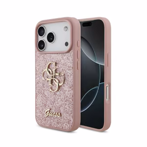 Guess PU Fixed Glitter 4G Metal Logo ümbris Apple iPhone 18 Pro telefonile, roosa