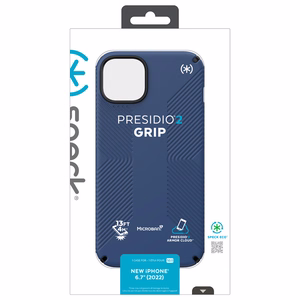 Speck Presidio2 Grip ümbris seadmele iPhone 15 Plus / 14 Plus, libisemiskindla haardega, Coastal Blue / Black / White värvikombinatsioon