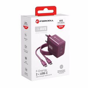 Bordoopunane 60 W Forcell F-Energy GaN III Crystal Color VT-60 seinalaadija, 2 × USB-C, AVS/PPS, koos 1 m 60 W silikoonist USB-C–USB-C kaabliga