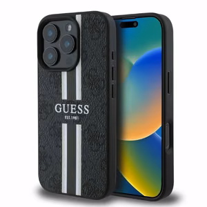 Guess 4G Printed Stripes MagSafe ümbris jaoks iPhone 16 Pro - must